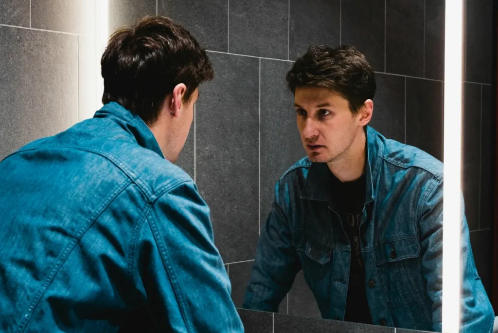 Man examining his hairline in a bathroom mirror